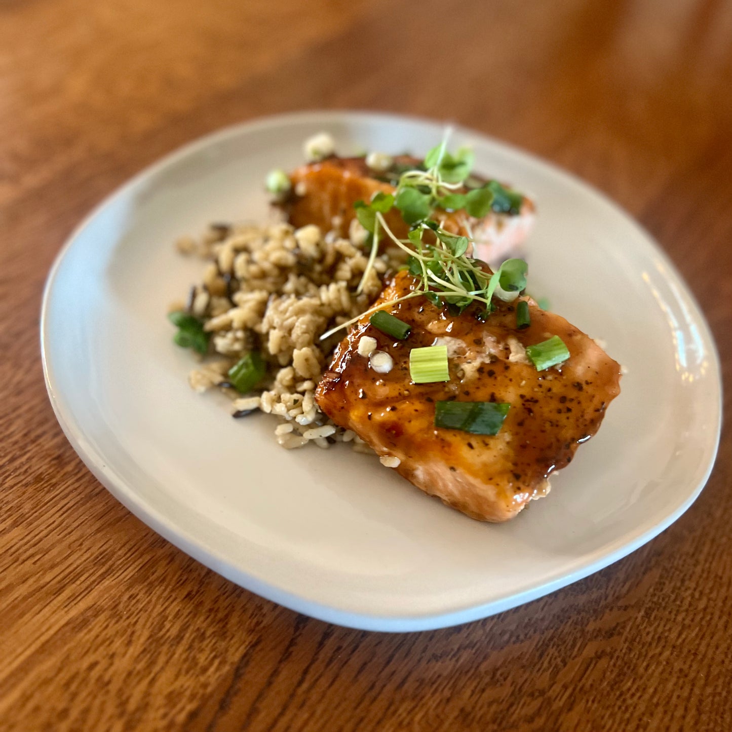 Sweet Bourbon Glazed Salmon & Wild Rice