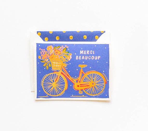 The First Snow - Merci Beaucoup Gold Bicycle Thank you Greeting Card