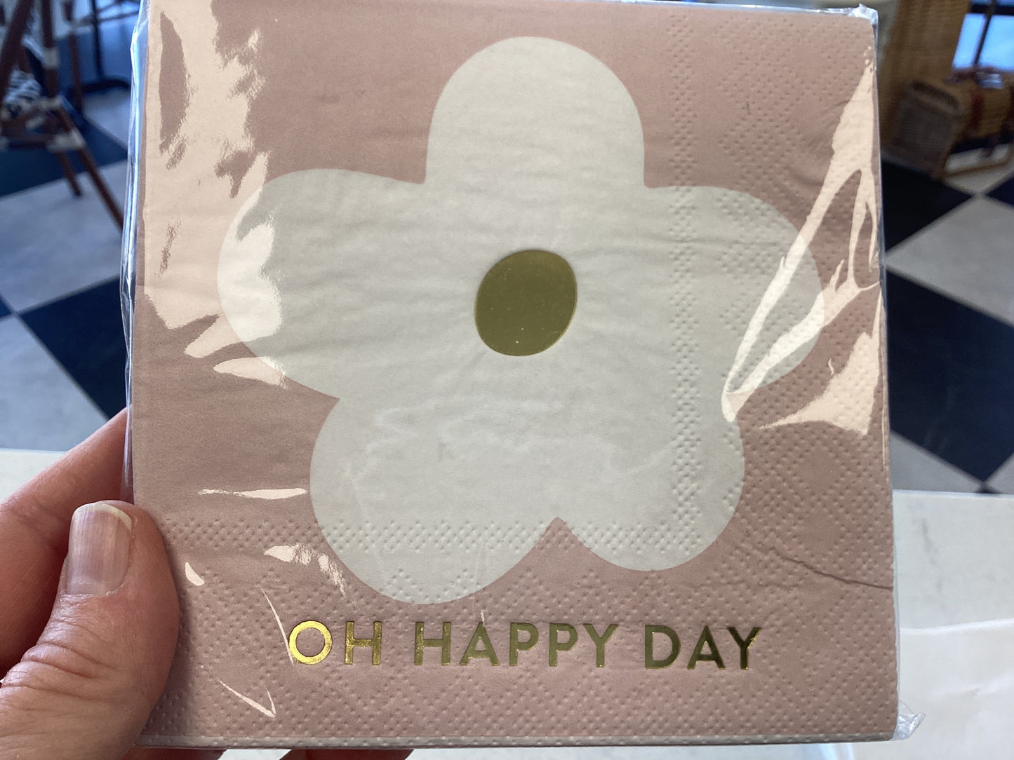 Napkin - “Oh Happy Day” - White Flower on Pink