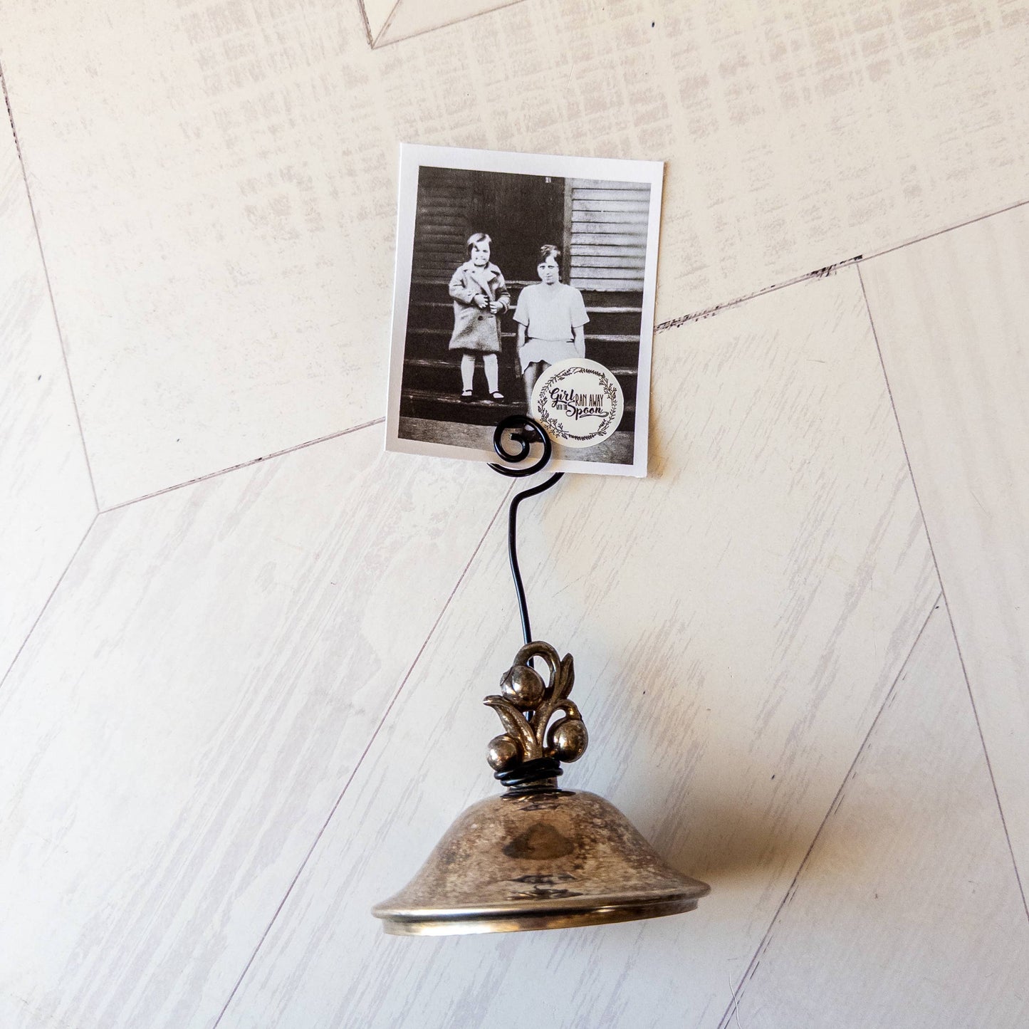 Vintage Sugar Bowl Lid Photo Stand - Girl Ran Away With the Spoon