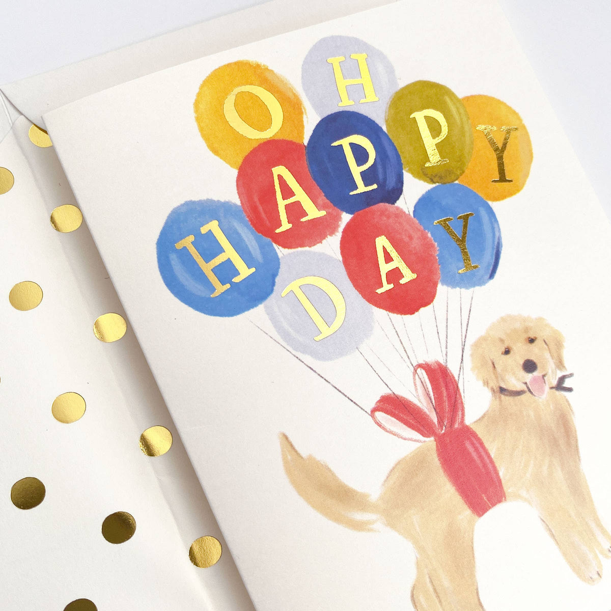 The First Snow - Happy Birthday Golden Retriever Dog with Balloons