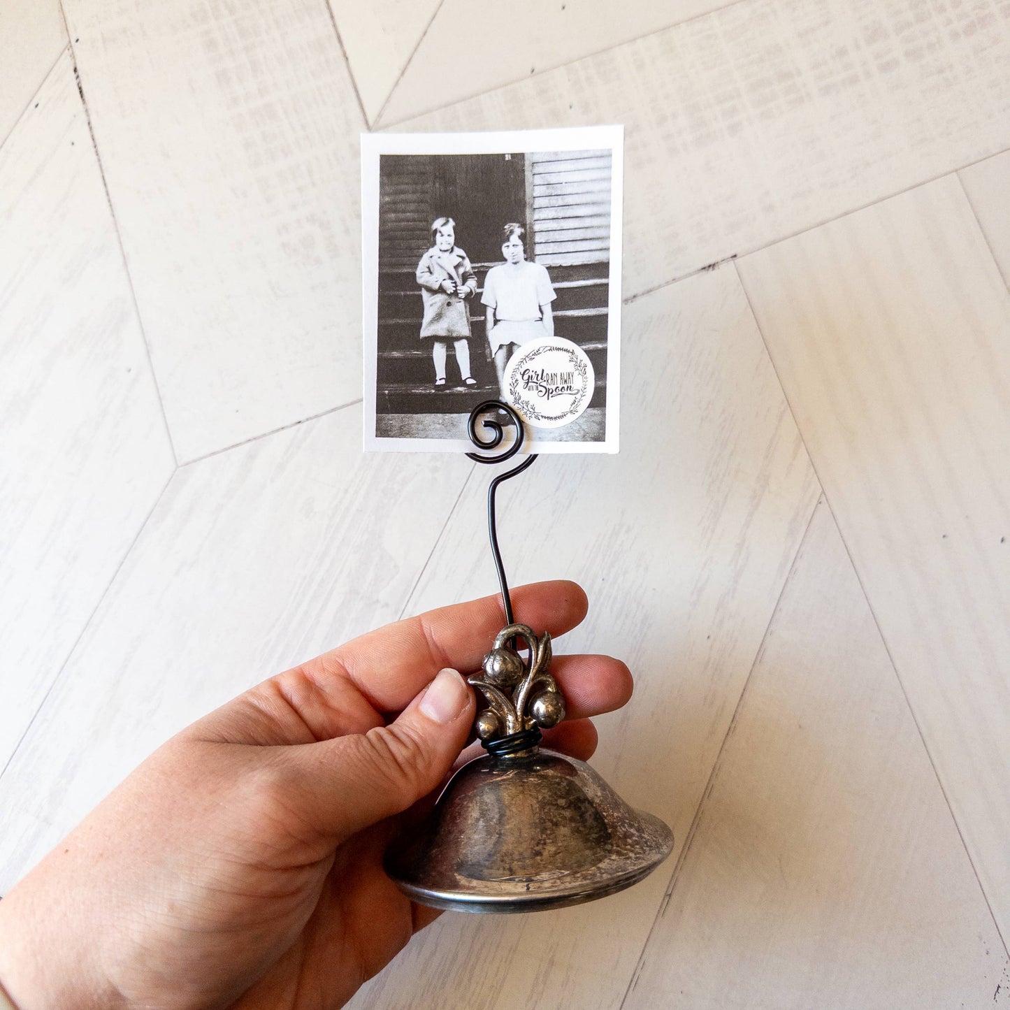Vintage Sugar Bowl Lid Photo Stand - Girl Ran Away With the Spoon