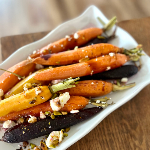 Thanksgiving Bake at Home Balsamic Glazed Carrots with Goat Cheese and Pistachios