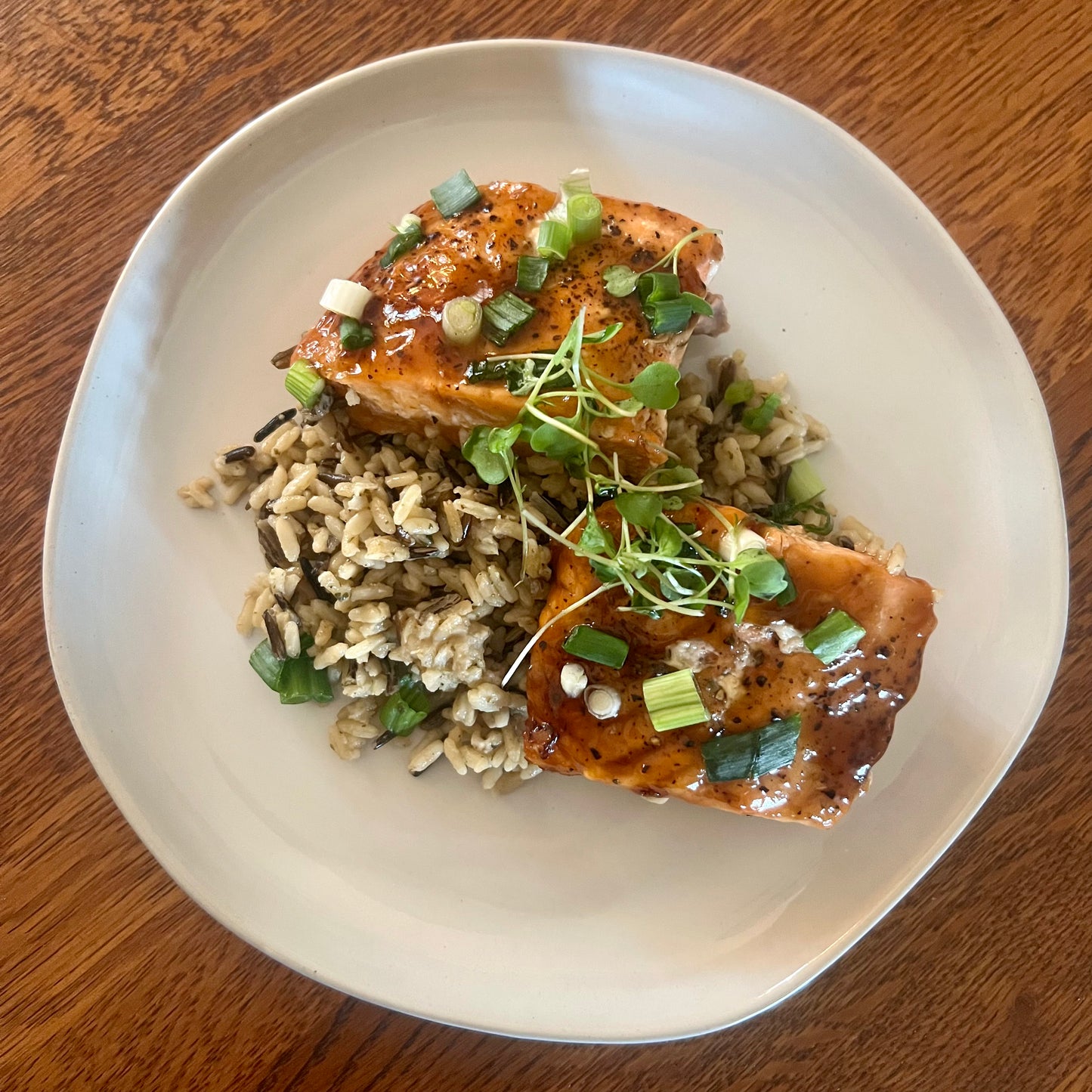 Sweet Bourbon Glazed Salmon & Wild Rice
