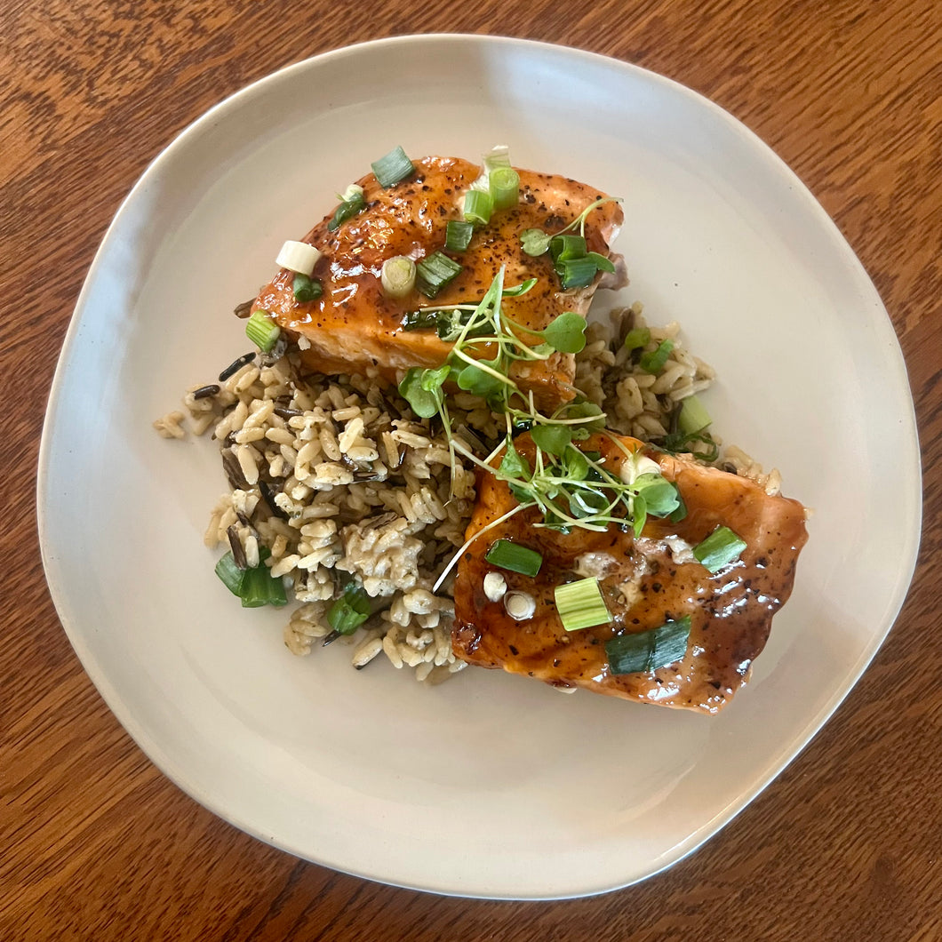 Sweet Bourbon Glazed Salmon & Wild Rice